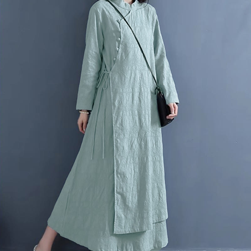 Buddha Stones Spring Casual Plain Frog-Button Design Side Lace-Up Cotton Linen Midi Dress