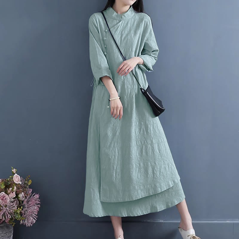 Buddha Stones Spring Casual Plain Frog-Button Design Side Lace-Up Cotton Linen Midi Dress