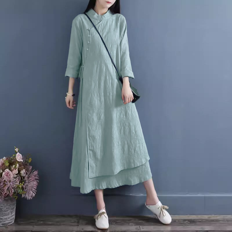 Buddha Stones Spring Casual Plain Frog-Button Design Side Lace-Up Cotton Linen Midi Dress