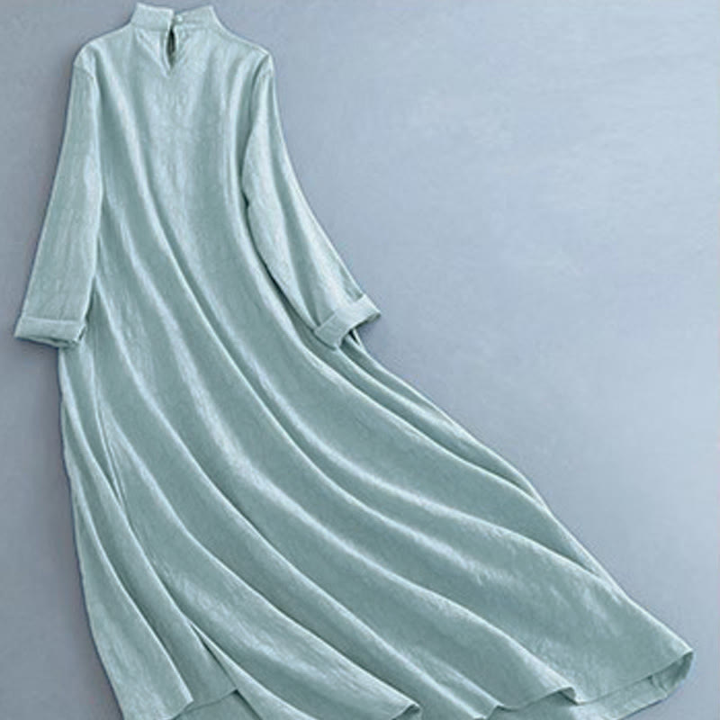 Buddha Stones Spring Casual Plain Frog-Button Design Side Lace-Up Cotton Linen Midi Dress
