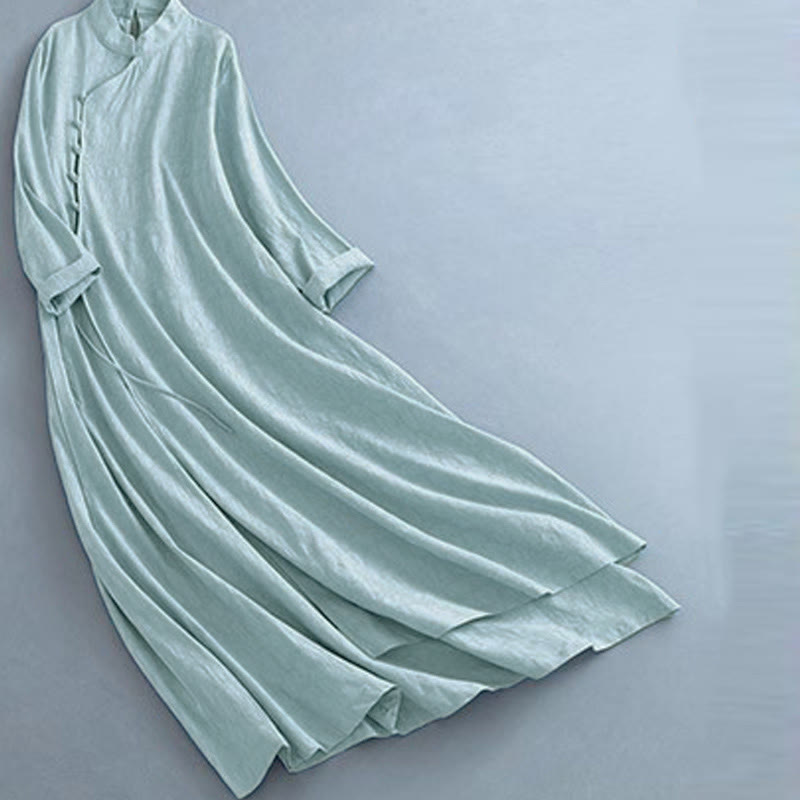 Buddha Stones Spring Casual Plain Frog-Button Design Side Lace-Up Cotton Linen Midi Dress