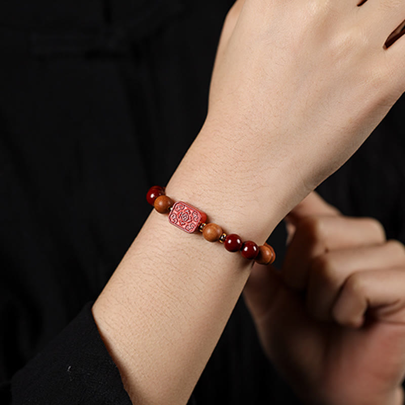 Buddha Stones Cinnabar Wood Beads Lotus Fu Character Blessing Bracelet