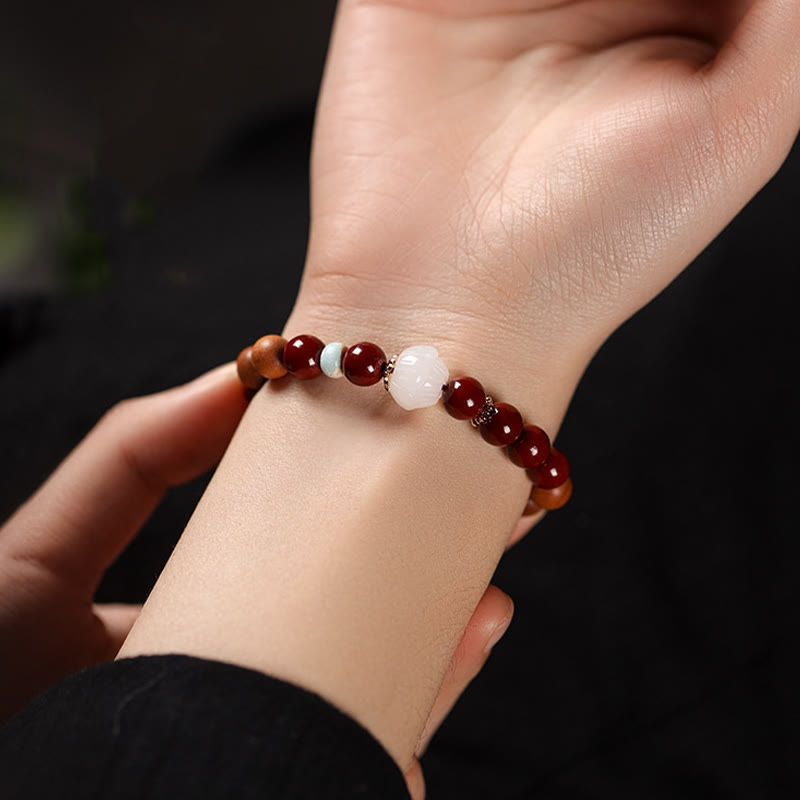 Buddha Stones Cinnabar Wood Beads Lotus Fu Character Blessing Bracelet