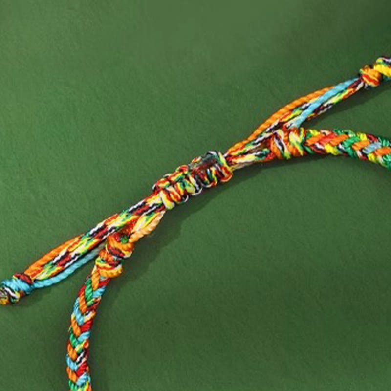 Buddha Stones Handmade Peace Buckle Jade Prosperity 925 Sterling Silver Colorful Rope Bracelet