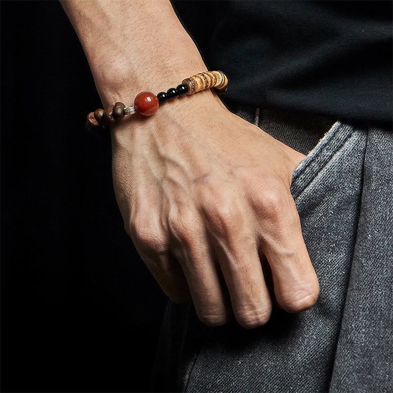 Buddha Stones Natural Coffee Beans Red Agate Coconut Shell Beads Bracelet