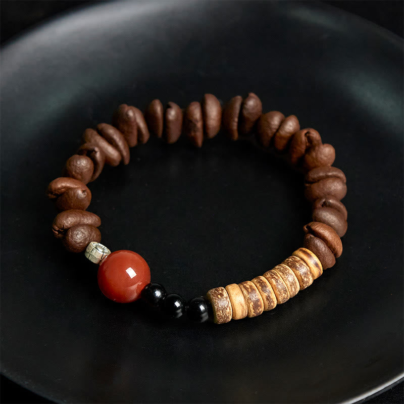 Buddha Stones Natural Coffee Beans Red Agate Coconut Shell Beads Bracelet