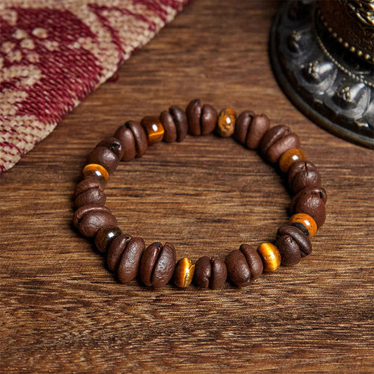 Buddha Stones Natural Coffee Beans Tiger Eye Grey Jasper Lava Rock Beads Bracelet