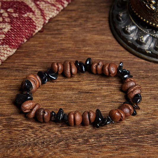 Buddha Stones Natural Coffee Beans Black Obsidian Rutilated Quartz Strength Bracelet