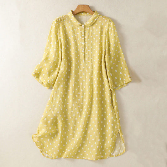 Buddha Stones Spring Polka Dot Button Stand Collar Polyester Midi Dress With Pockets