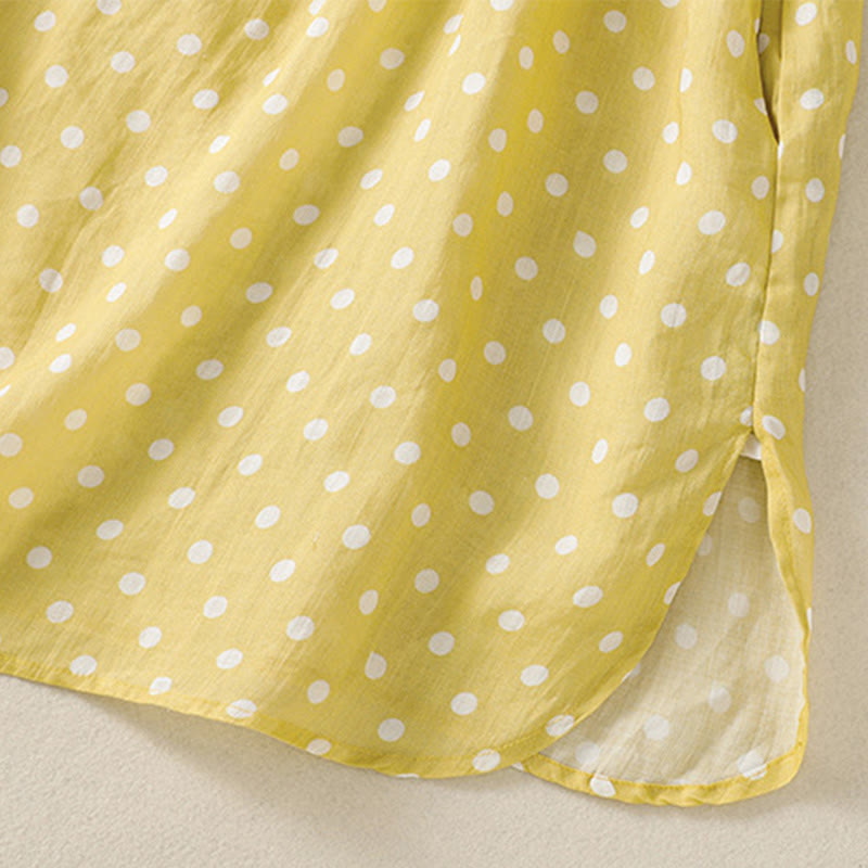 Buddha Stones Spring Polka Dot Button Stand Collar Polyester Midi Dress With Pockets