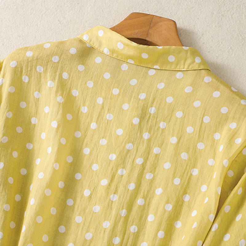 Buddha Stones Spring Polka Dot Button Stand Collar Polyester Midi Dress With Pockets