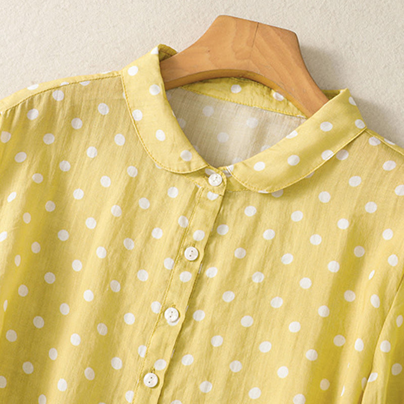 Buddha Stones Spring Polka Dot Button Stand Collar Polyester Midi Dress With Pockets