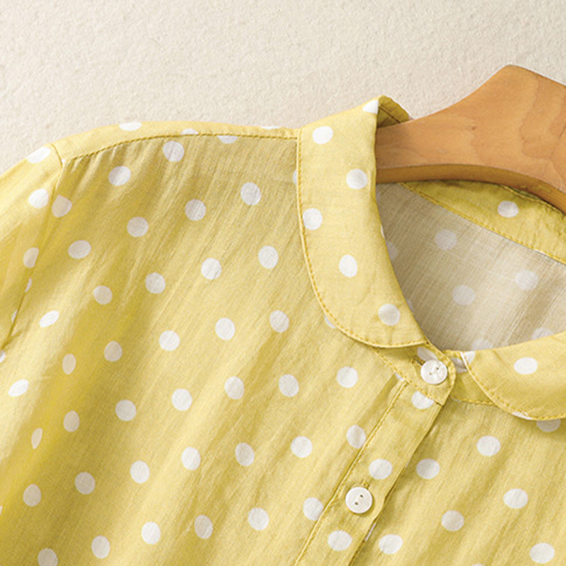 Buddha Stones Spring Polka Dot Button Stand Collar Polyester Midi Dress With Pockets