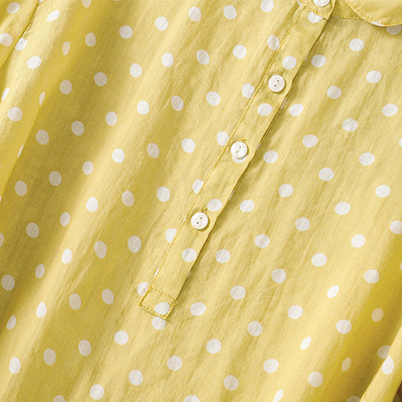 Buddha Stones Spring Polka Dot Button Stand Collar Polyester Midi Dress With Pockets