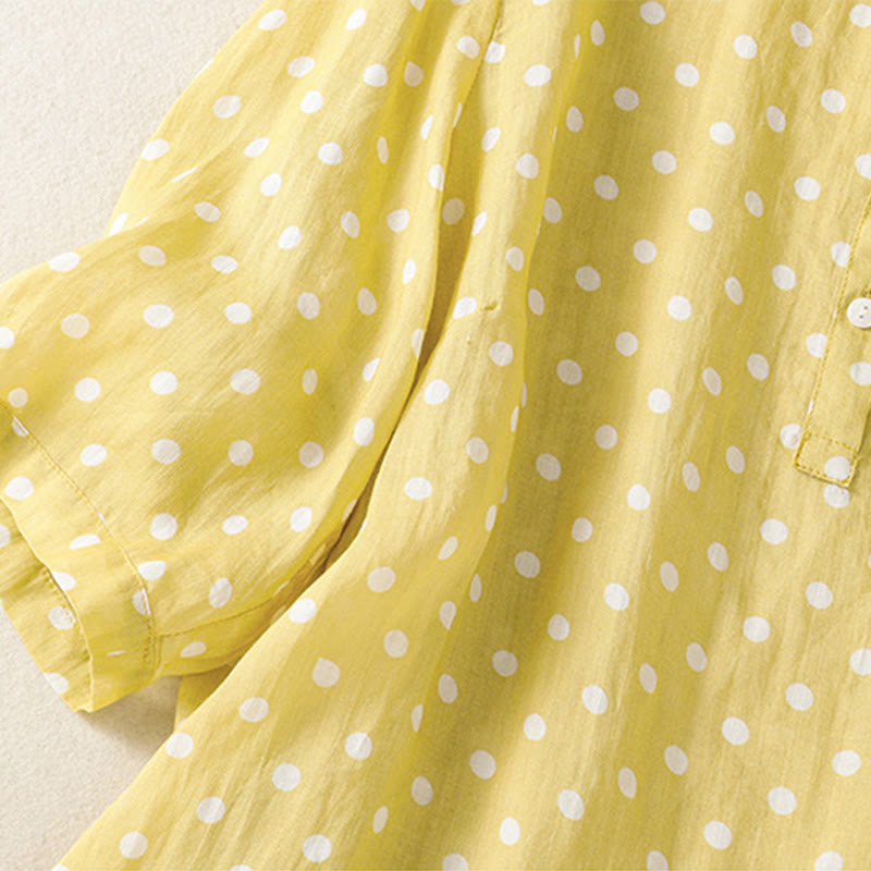 Buddha Stones Spring Polka Dot Button Stand Collar Polyester Midi Dress With Pockets