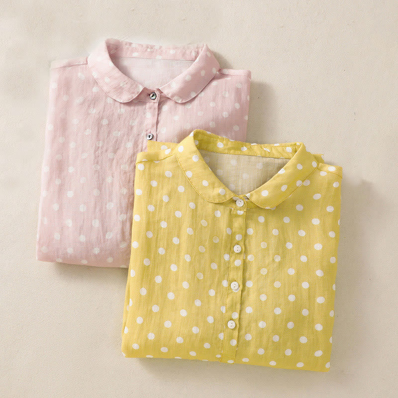 Buddha Stones Spring Polka Dot Button Stand Collar Polyester Midi Dress With Pockets