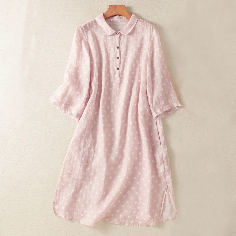 Buddha Stones Spring Polka Dot Button Stand Collar Polyester Midi Dress With Pockets