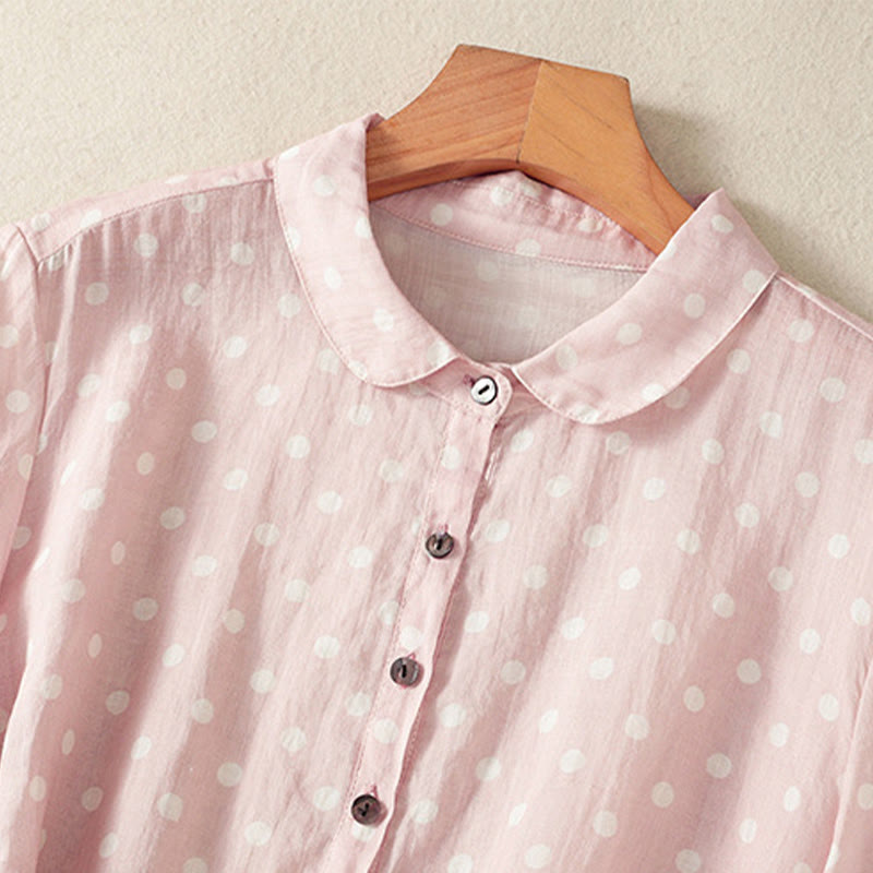 Buddha Stones Spring Polka Dot Button Stand Collar Polyester Midi Dress With Pockets