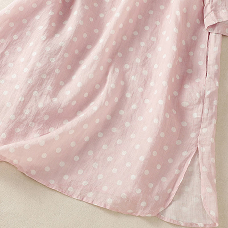 Buddha Stones Spring Polka Dot Button Stand Collar Polyester Midi Dress With Pockets