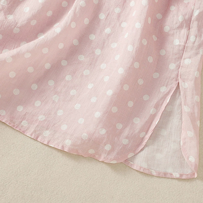 Buddha Stones Spring Polka Dot Button Stand Collar Polyester Midi Dress With Pockets