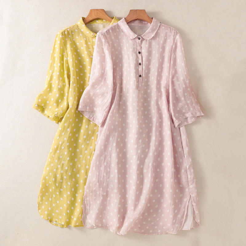 Buddha Stones Spring Polka Dot Button Stand Collar Polyester Midi Dress With Pockets