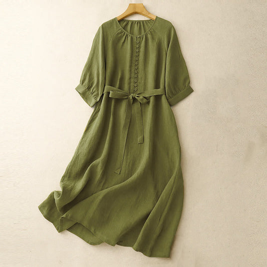 Buddha Stones Spring Plain Crew Neck Lace-up Half Sleeve Cotton Linen Midi Dress