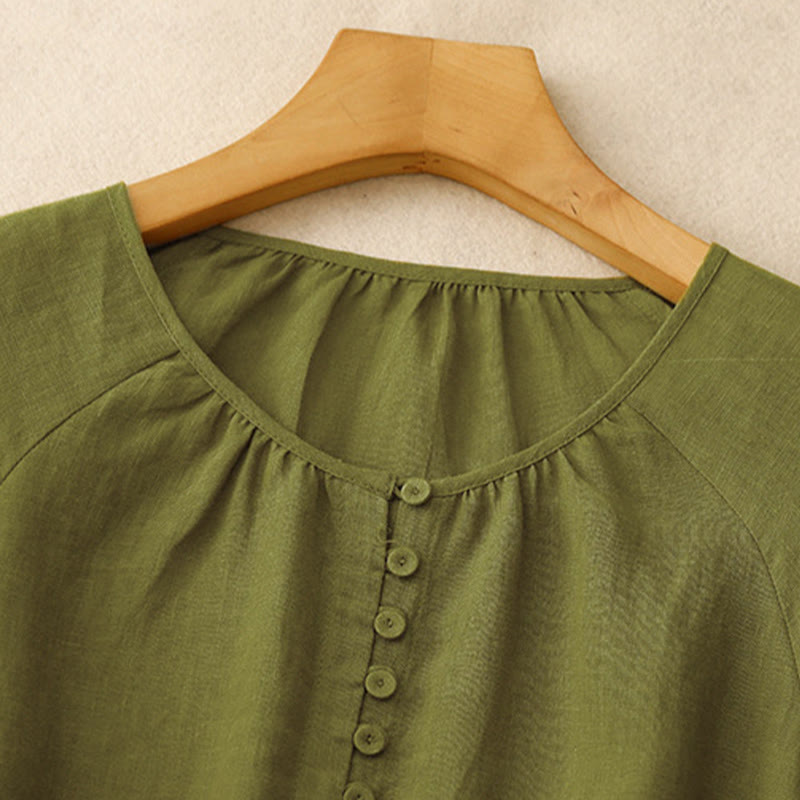 Buddha Stones Spring Plain Crew Neck Lace-up Half Sleeve Cotton Linen Midi Dress