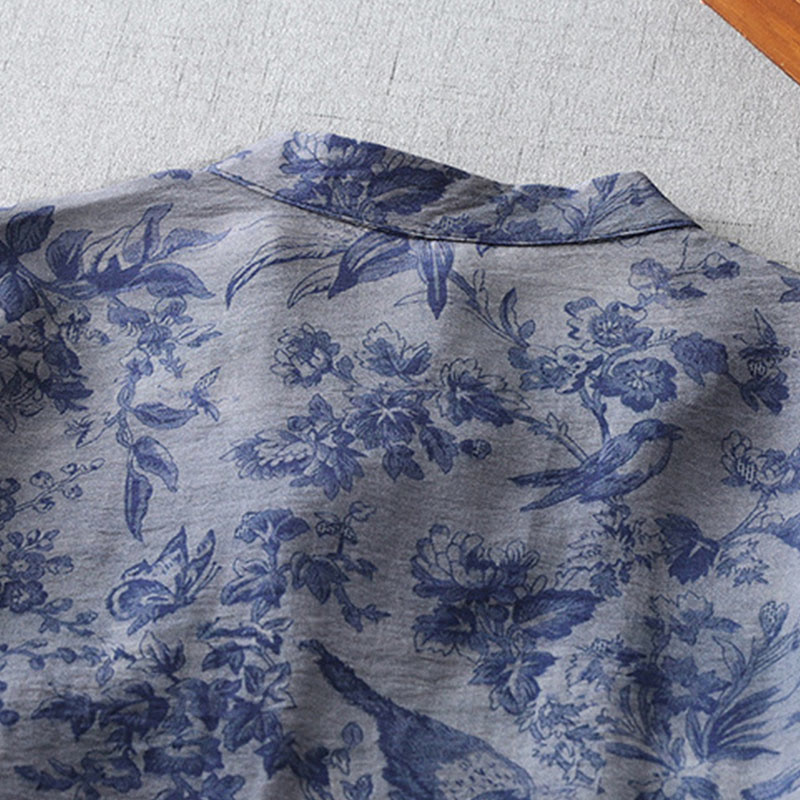 Buddha Stones Flower Leaf Print Frog-Button Half Sleeve Mandarin Collar Cotton Midi Dress