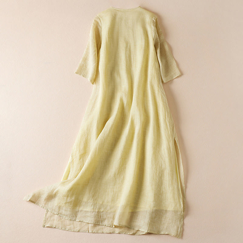 Buddha Stones Embroidered Leaf Crew Neck Half Sleeve Cotton Fiber Midi Dress