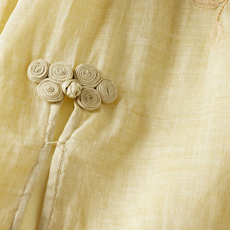 Buddha Stones Embroidered Leaf Crew Neck Half Sleeve Cotton Fiber Midi Dress