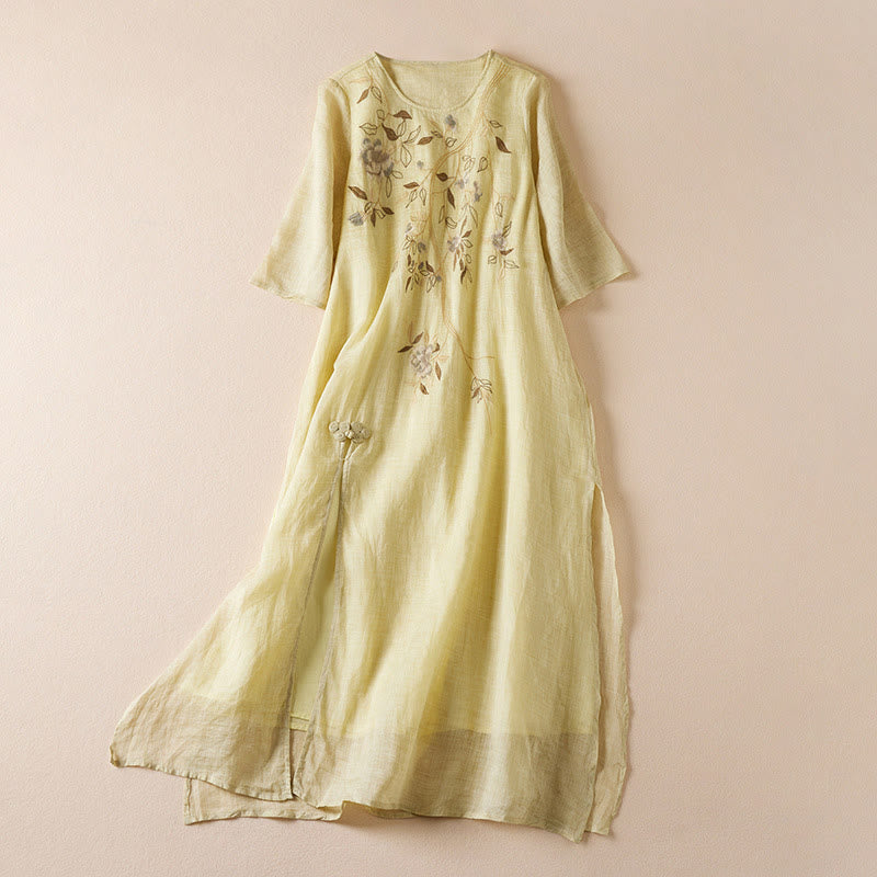 Buddha Stones Embroidered Leaf Crew Neck Half Sleeve Cotton Fiber Midi Dress