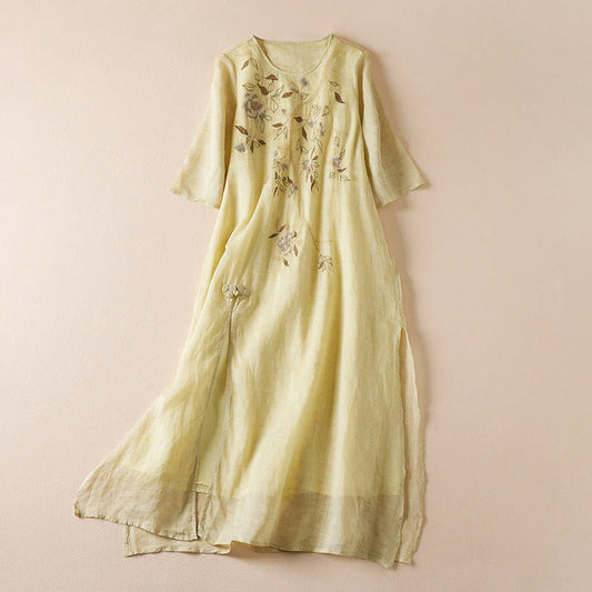 Buddha Stones Embroidered Leaf Crew Neck Half Sleeve Cotton Fiber Midi Dress