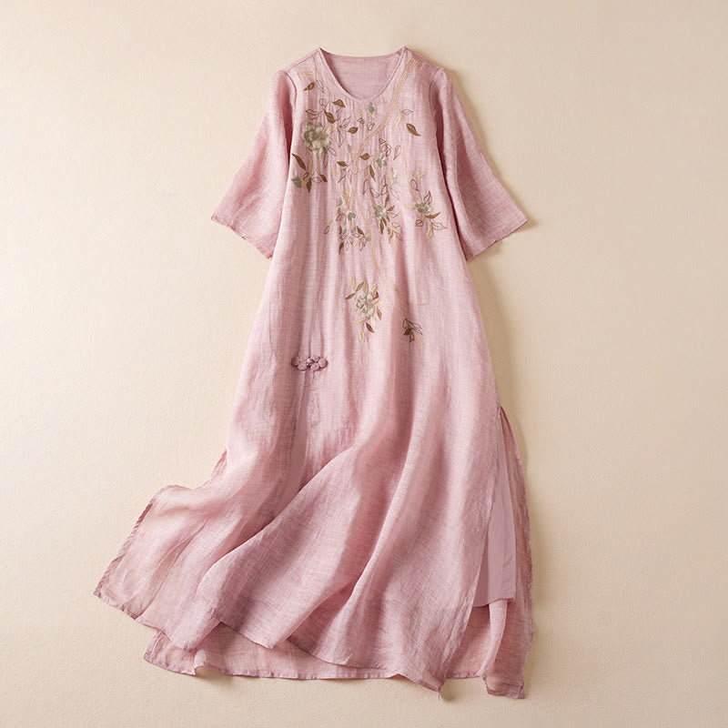 Buddha Stones Embroidered Leaf Crew Neck Half Sleeve Cotton Fiber Midi Dress