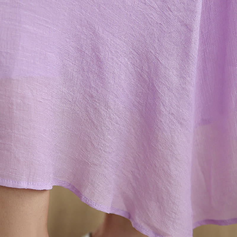Buddha Stones Casual Plain Frog-Button Crew Neck Three Quarter Sleeve Cotton Midi Dress