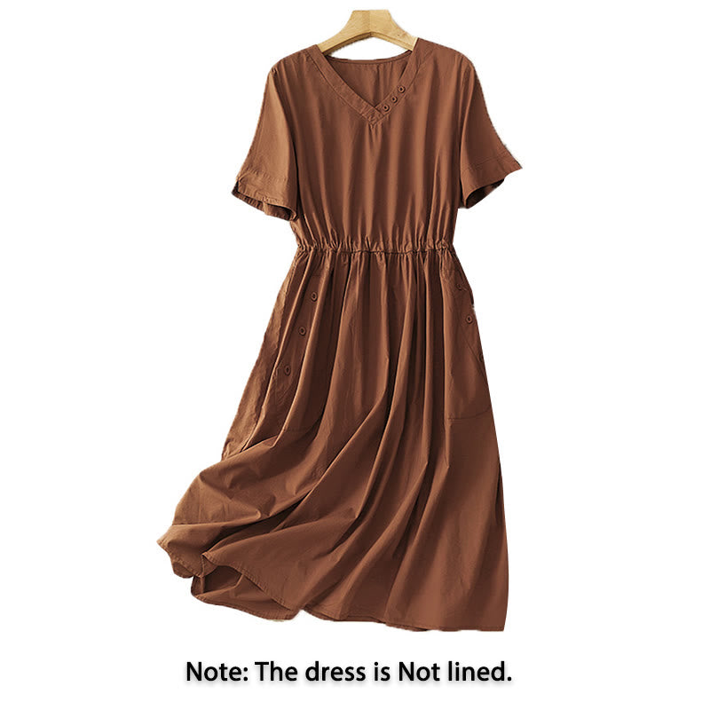 Buddha Stones Spring Plain V-neck Design Half Sleeve Cotton Linen Midi Dress With Pockets