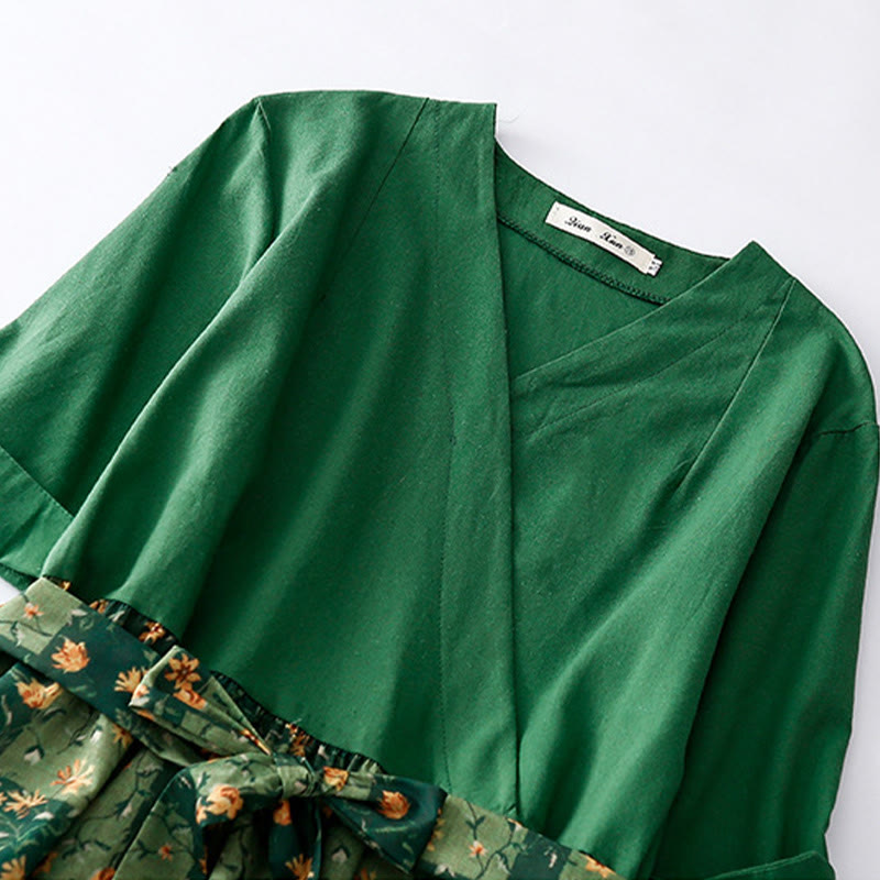 Buddha Stones Spring Flower Printed V-neck Half Sleeve Cotton Linen Midi Dress With Pockets