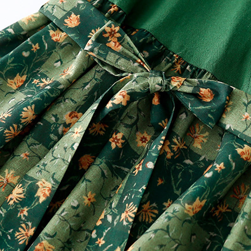 Buddha Stones Spring Flower Printed V-neck Half Sleeve Cotton Linen Midi Dress With Pockets