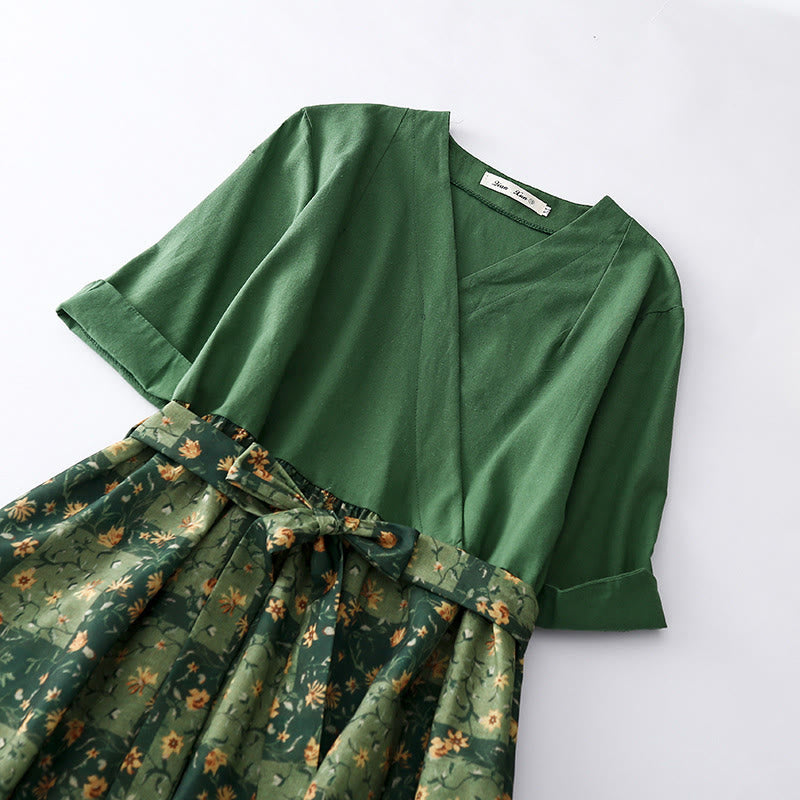 Buddha Stones Spring Flower Printed V-neck Half Sleeve Cotton Linen Midi Dress With Pockets