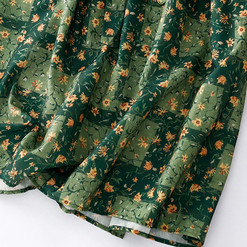 Buddha Stones Spring Flower Printed V-neck Half Sleeve Cotton Linen Midi Dress With Pockets