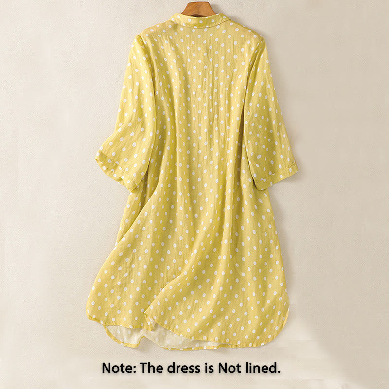 Buddha Stones Spring Polka Dot Button Stand Collar Polyester Midi Dress With Pockets