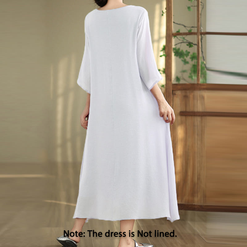 Buddha Stones Casual Plain Frog-Button Crew Neck Three Quarter Sleeve Cotton Midi Dress