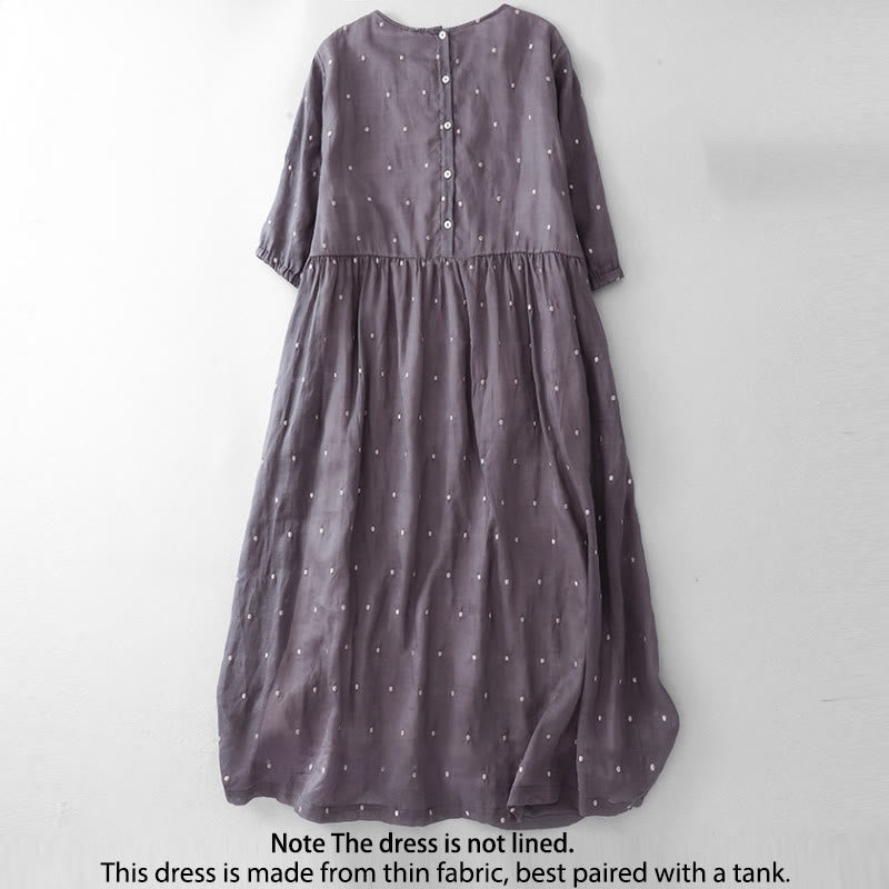 Buddha Stones Back Button Dot Pattern Half Sleeve Cotton Linen Midi Dress With Pockets