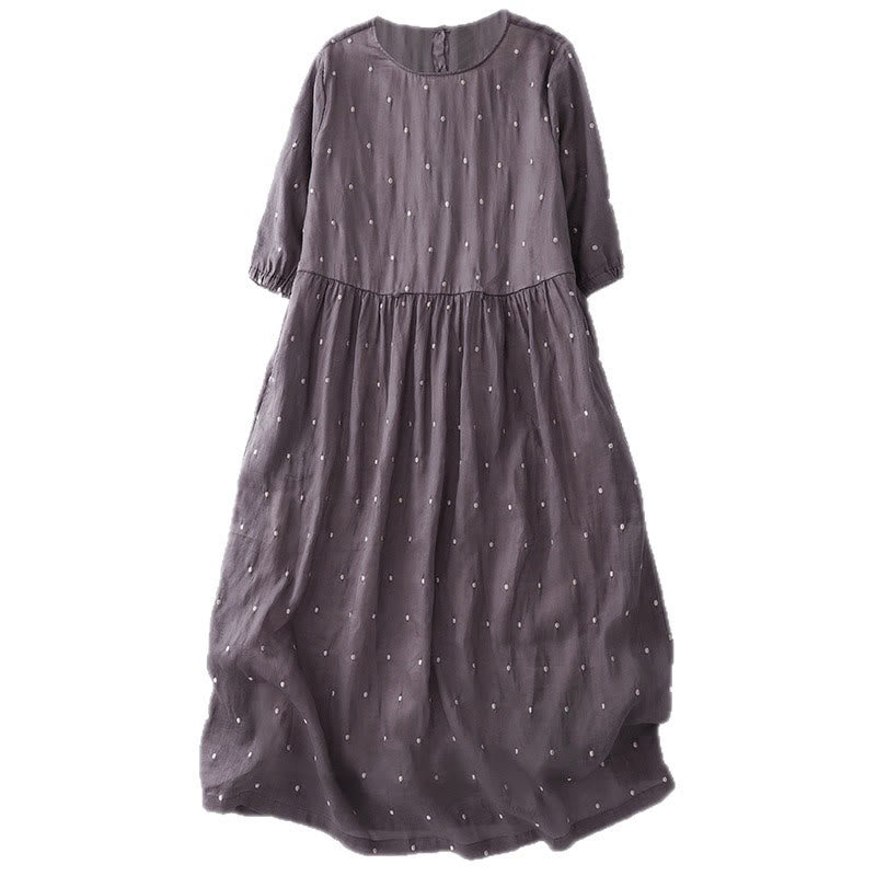Buddha Stones Back Button Dot Pattern Half Sleeve Cotton Linen Midi Dress With Pockets