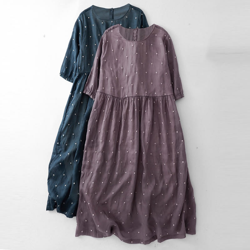 Buddha Stones Back Button Dot Pattern Half Sleeve Cotton Linen Midi Dress With Pockets