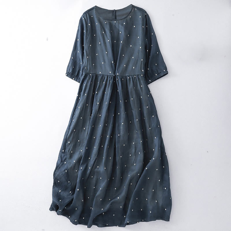 Buddha Stones Back Button Dot Pattern Half Sleeve Cotton Linen Midi Dress With Pockets