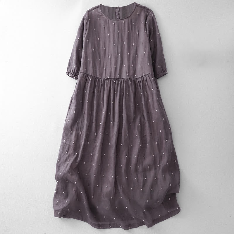 Buddha Stones Back Button Dot Pattern Half Sleeve Cotton Linen Midi Dress With Pockets
