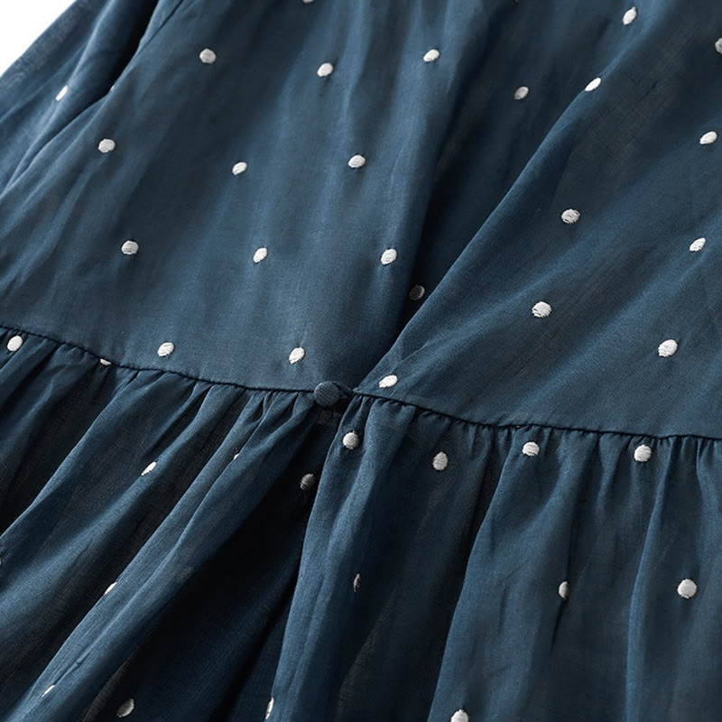 Buddha Stones Back Button Dot Pattern Half Sleeve Cotton Linen Midi Dress With Pockets