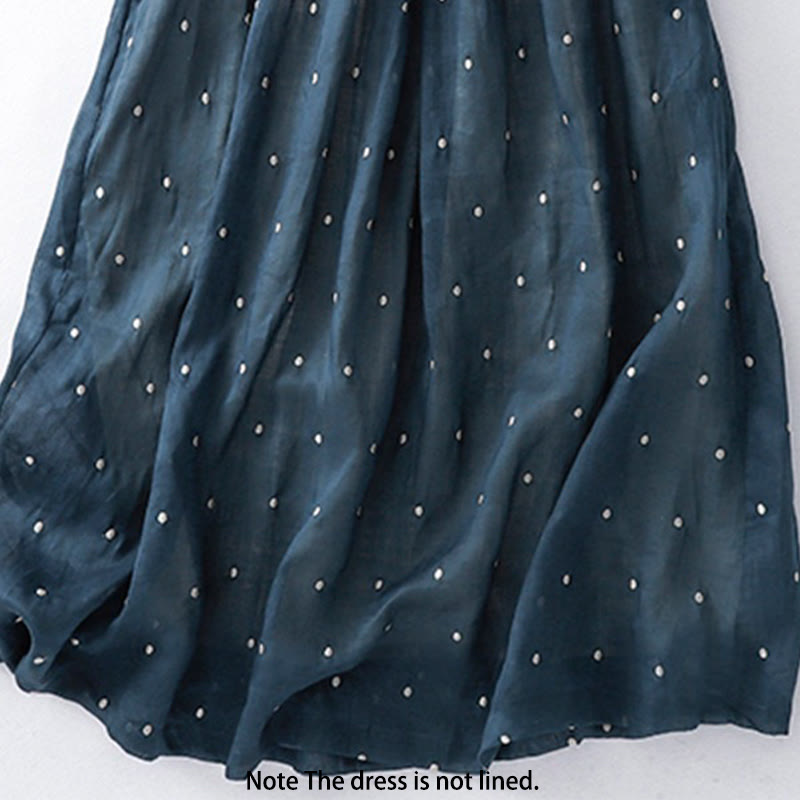Buddha Stones Back Button Dot Pattern Half Sleeve Cotton Linen Midi Dress With Pockets