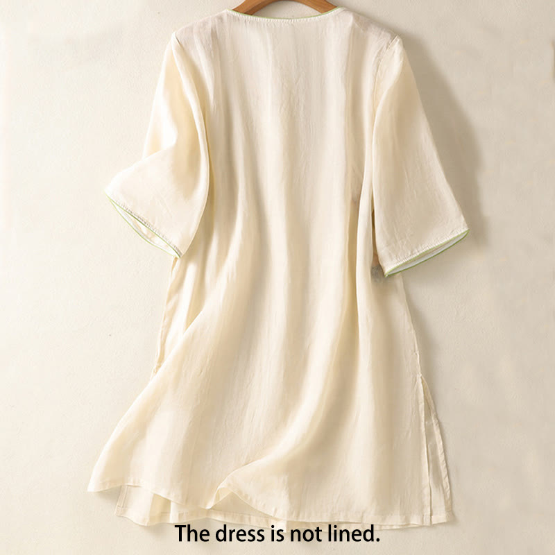 Buddha Stones Embroidery Flower Hem Slit Design Half Sleeve Cotton Linen Zen Midi Dress