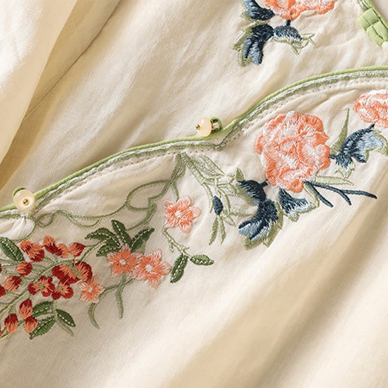 Buddha Stones Embroidery Flower Hem Slit Design Half Sleeve Cotton Linen Zen Midi Dress
